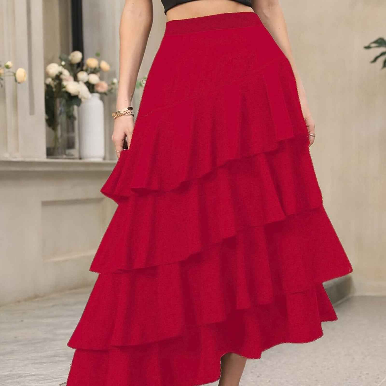 Elegant Ruffle Hem Tiered Skirt - High Waist Perfect for Womens Curvy Figure
