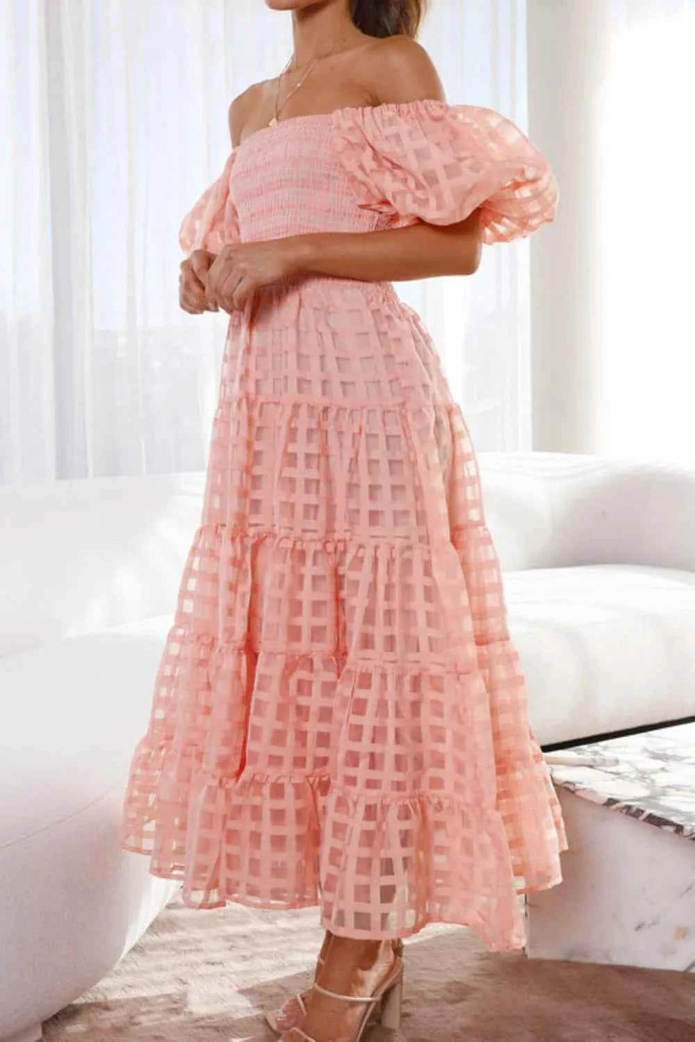 Off Shoulder Short Puff Sleeve Midi Dress