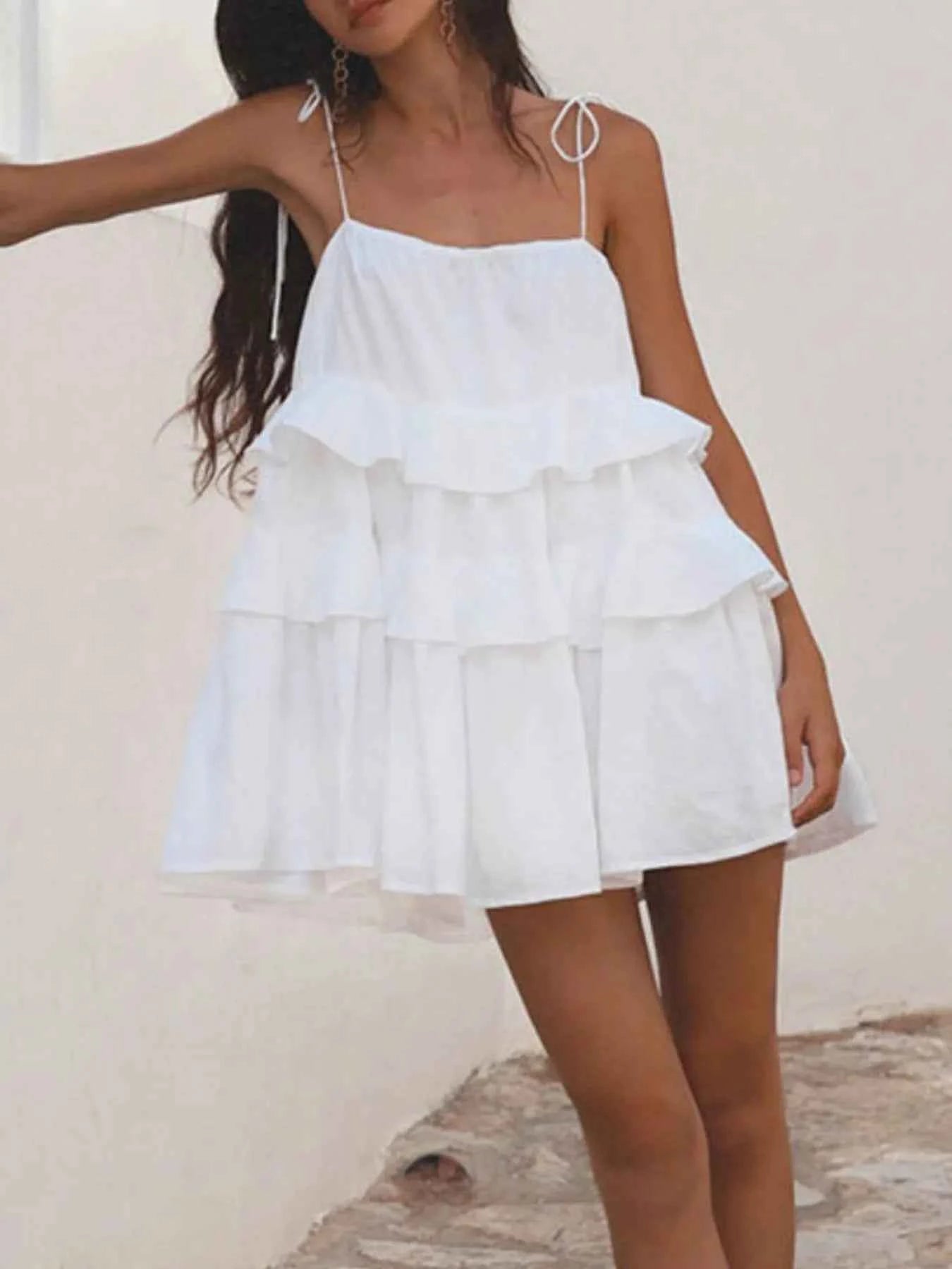 Ruffle Layered Tie Shoulder Cami Dress