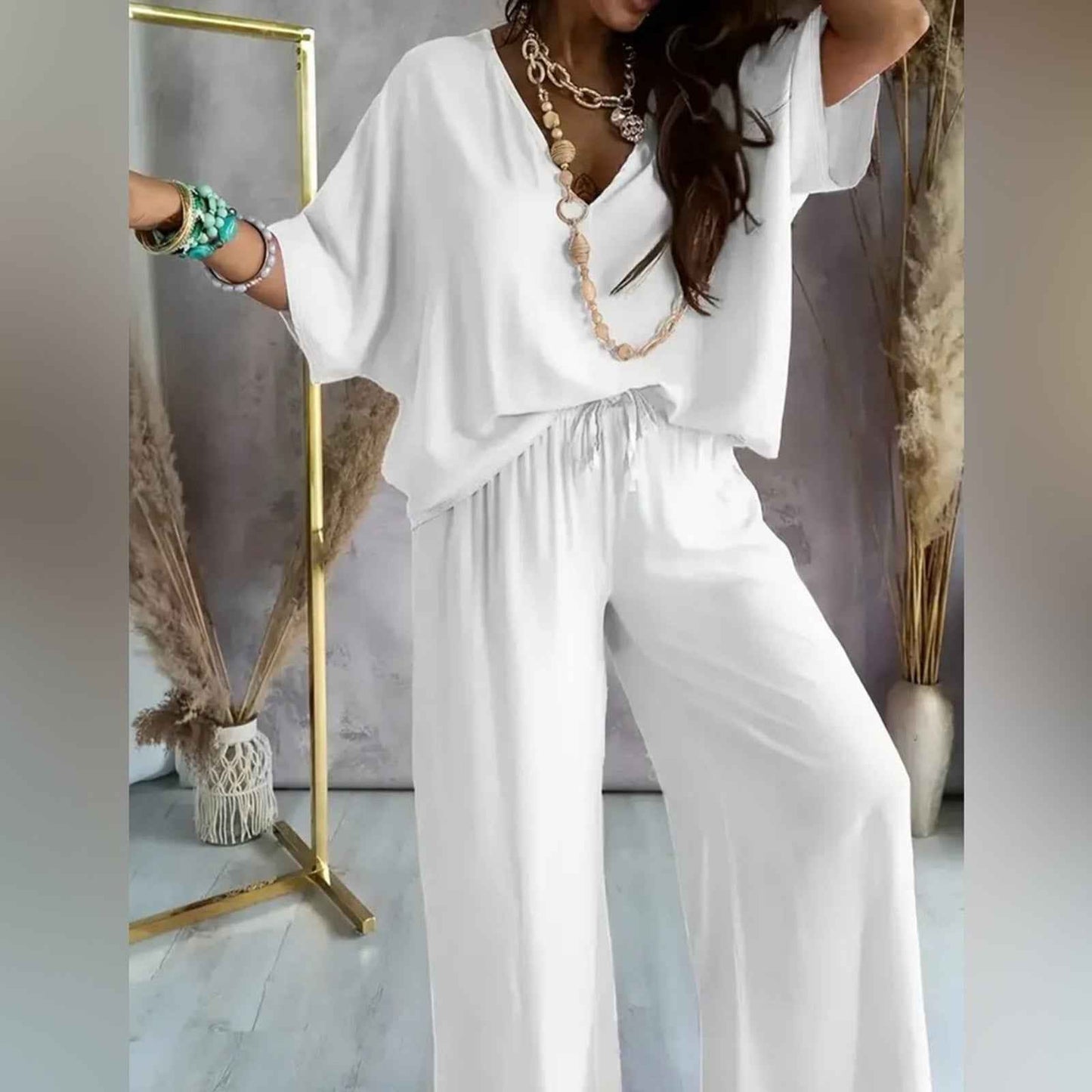 Chic White Lounge Set – Flowy V-Neck Top & Wide-Leg Pants for All White Party