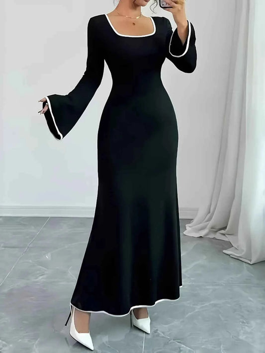 Plus Size Contrast Trim Square Neck Long Sleeve Maxi Dress