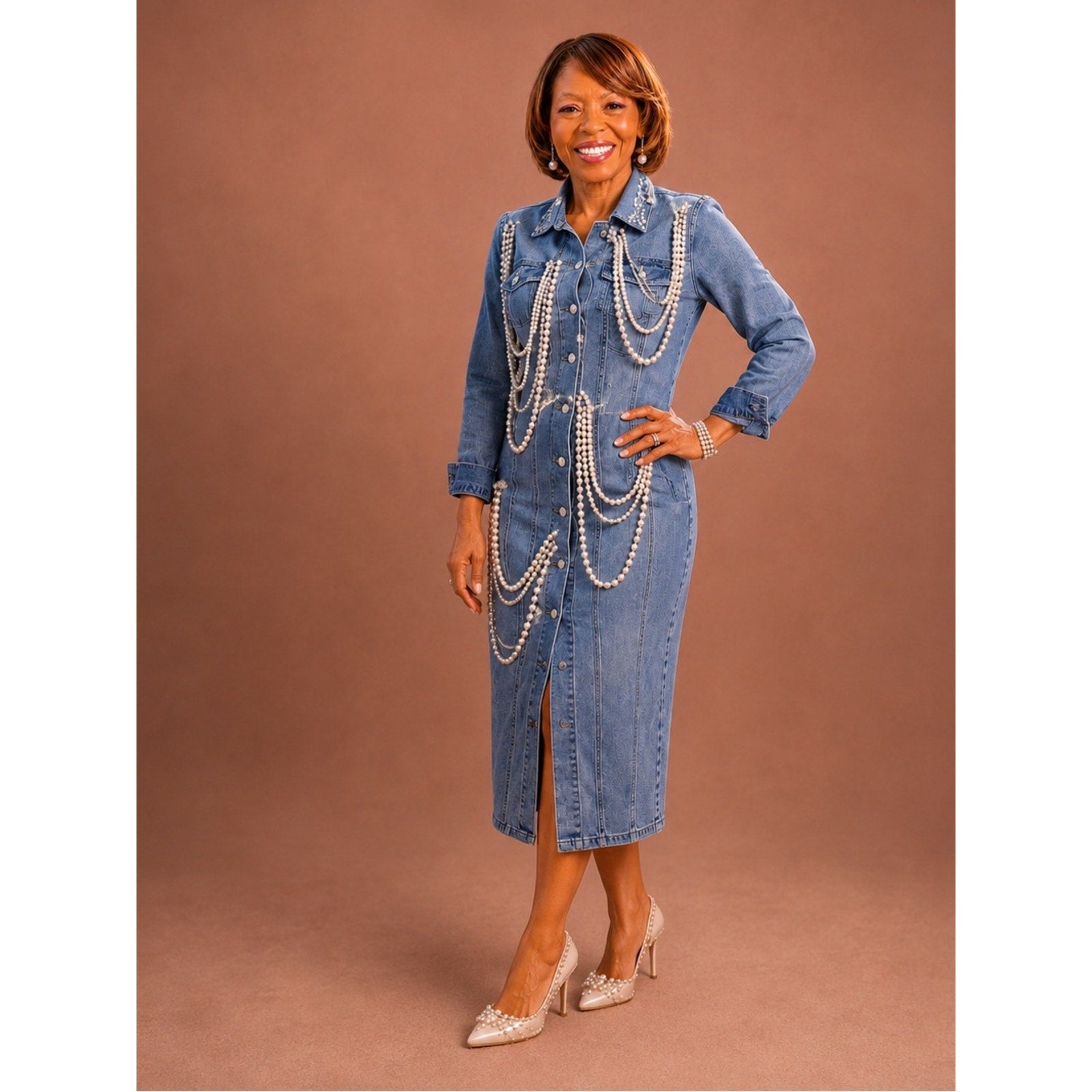 denim pearl dress Niveda Embellished Denim Sheath Dress, Size 2XL, Medium Wash, Plus