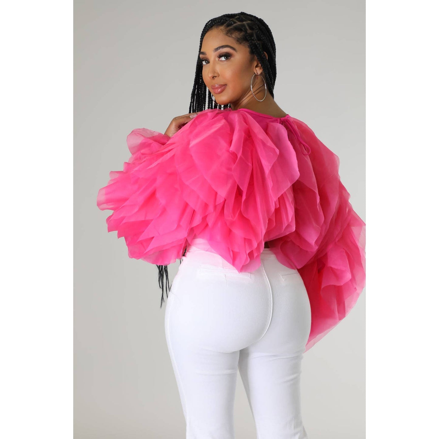 Plus Long Sleeve Ruffle Tulle Crop Top Blouse