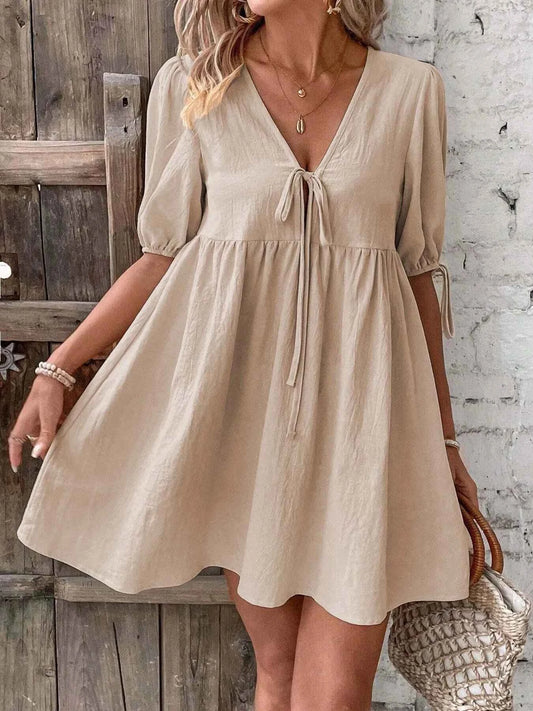 V-Neck Tie-Front Mini Dress with Puff Sleeves