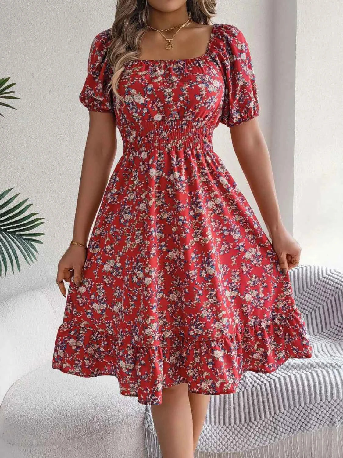 Ruffled Hem Floral Puff Sleeve Dress