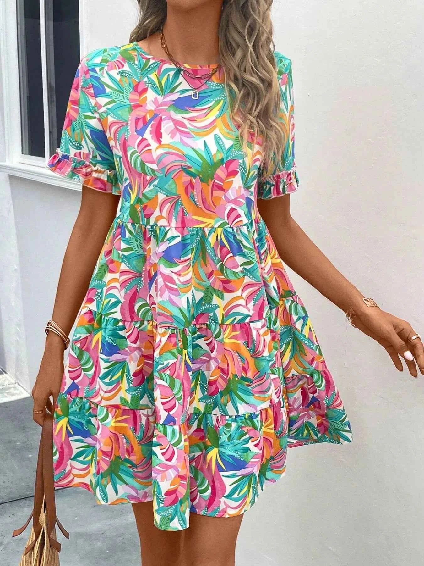 Printed Round Neck Short Sleeve Dress