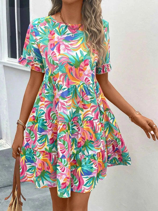 Printed Round Neck Short Sleeve Dress