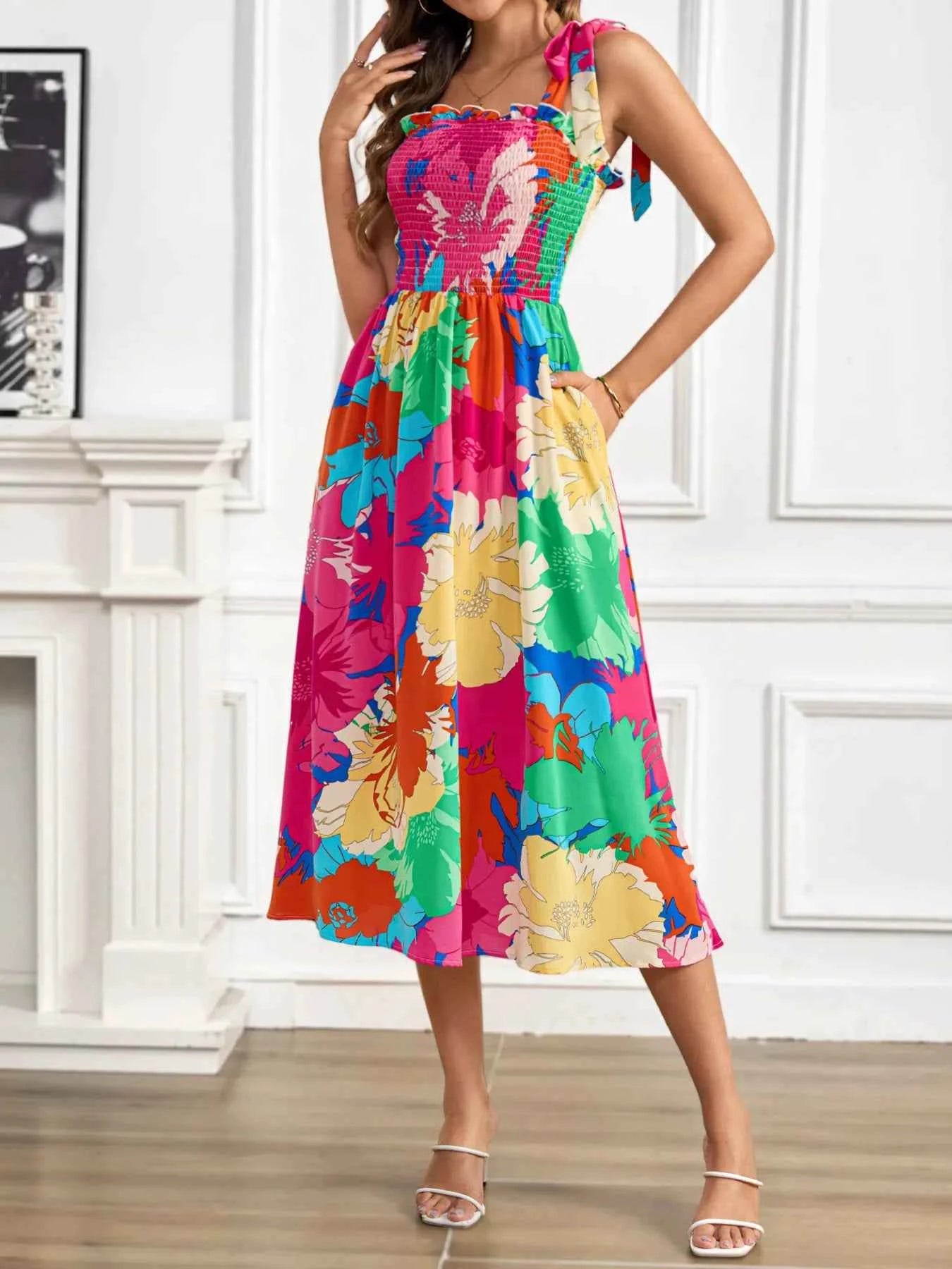 Smocked Printed Tie Shoulder Midi Dress