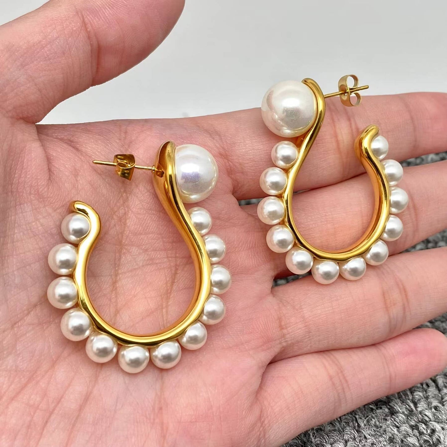 FGS - Inlaid Pearl Hook Shape 18K Gold Plated Post Earrings