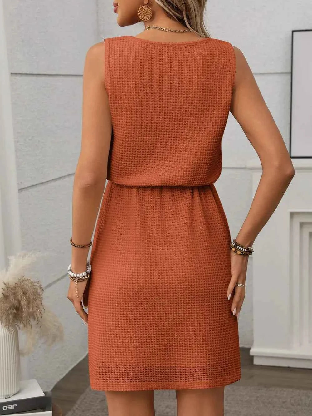 Waffle-Knit Drawstring Mini Tank Dress