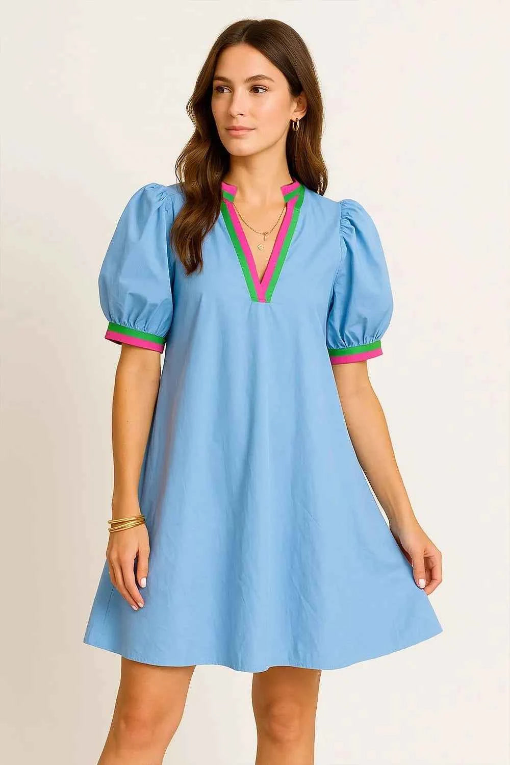 Notched Puff Sleeve Swing Dress