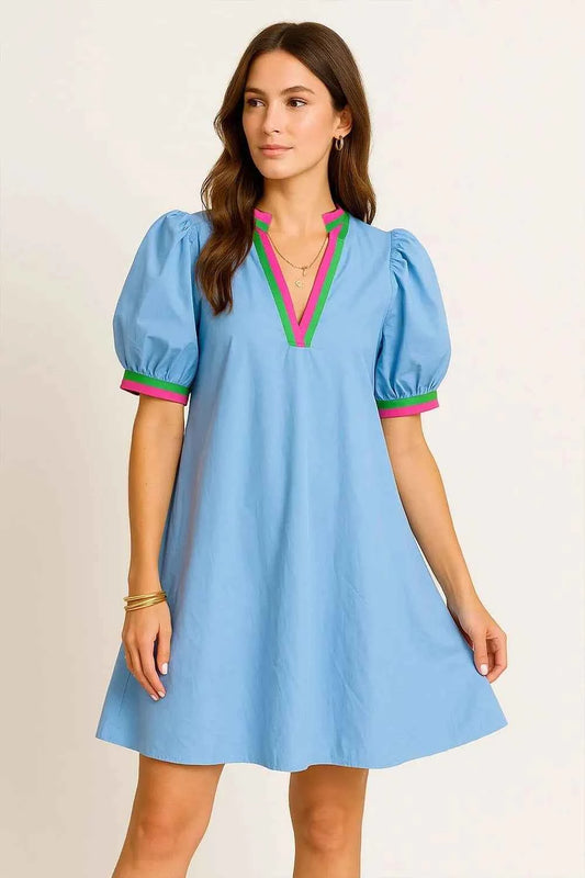 Notched Puff Sleeve Swing Dress