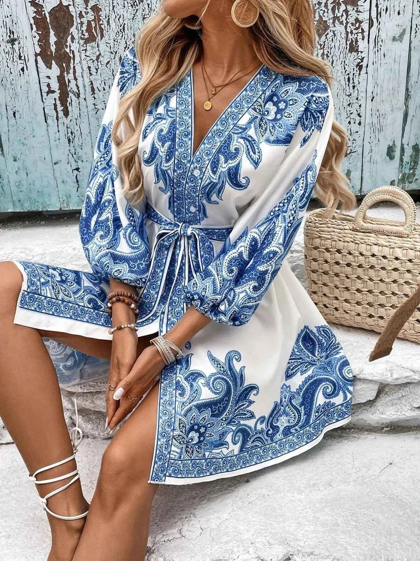 Printed V-Neck Balloon Sleeve Mini Dress