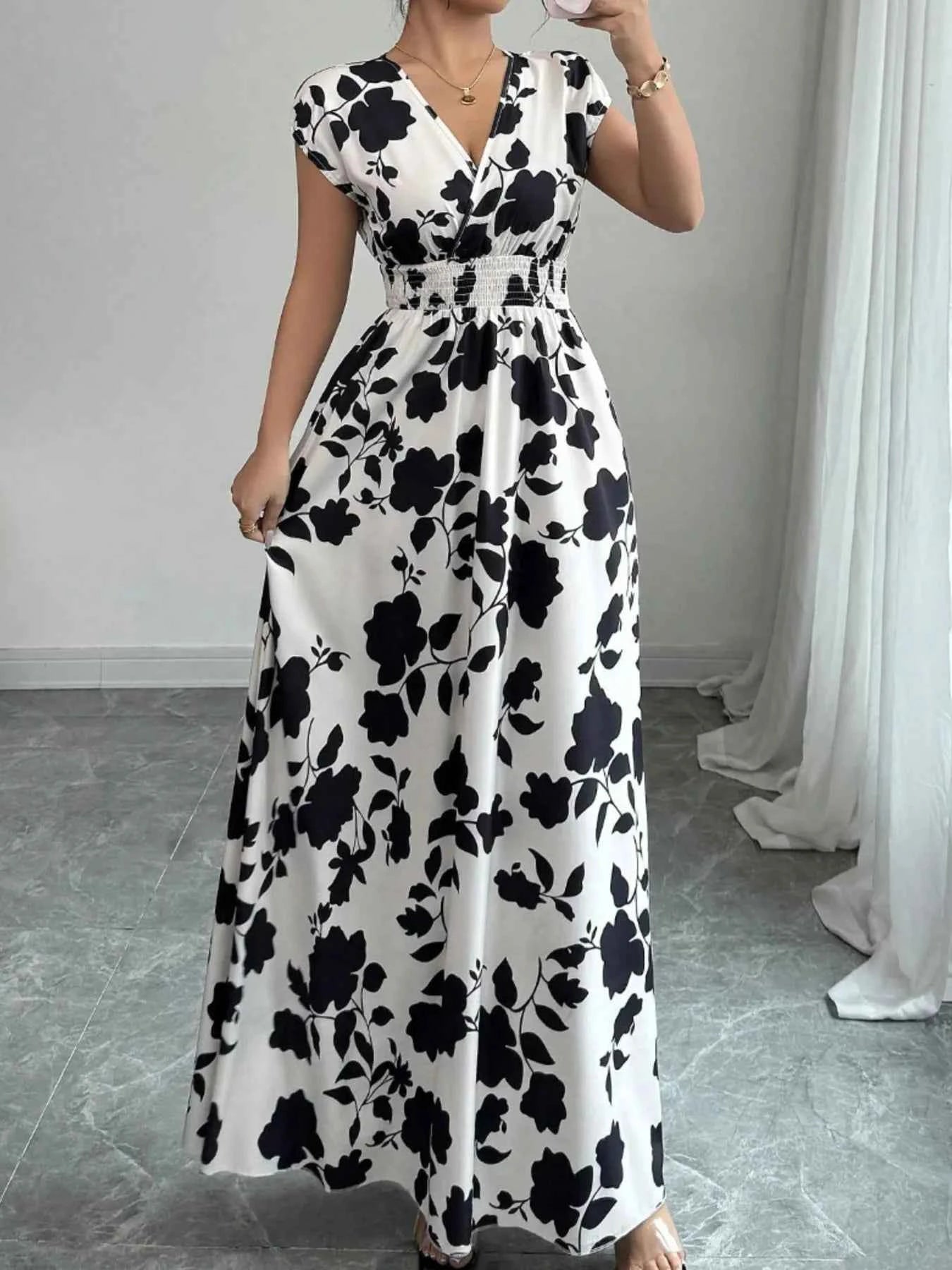 Printed Surplice Cap Sleeve Maxi Dress