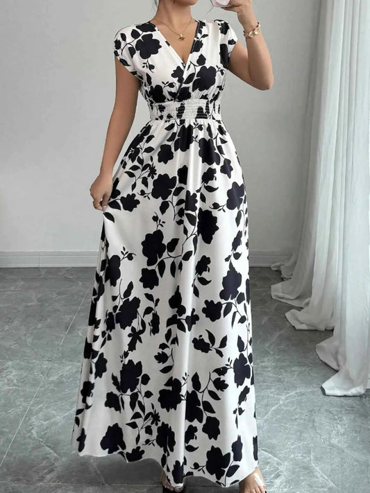 Printed Surplice Cap Sleeve Maxi Dress