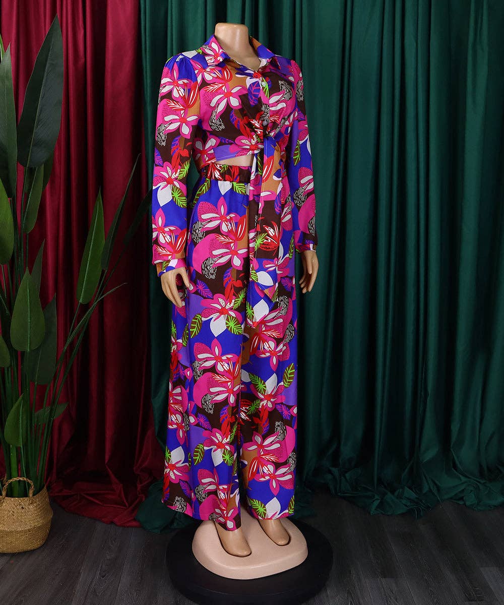 Vibrant Printed Two-Piece Lapel Lace-Up Shirt Wide-Leg Pant Suit