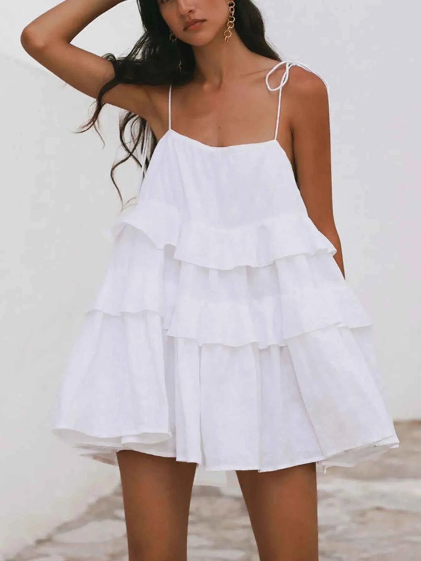 Ruffle Layered Tie Shoulder Cami Dress