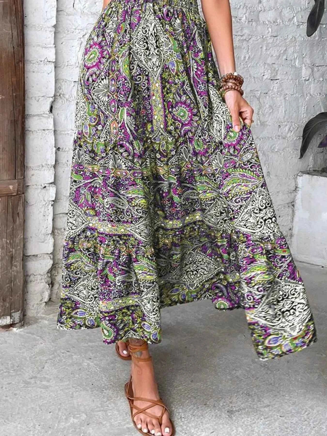 Plus Size Printed V-Neck Short Sleeve Midi Dress
