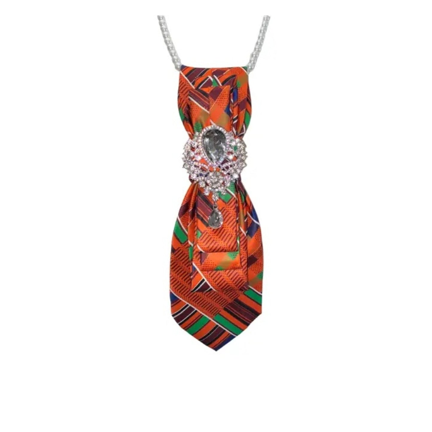 Colorful patterned tie with a decorative clasp on a white background
