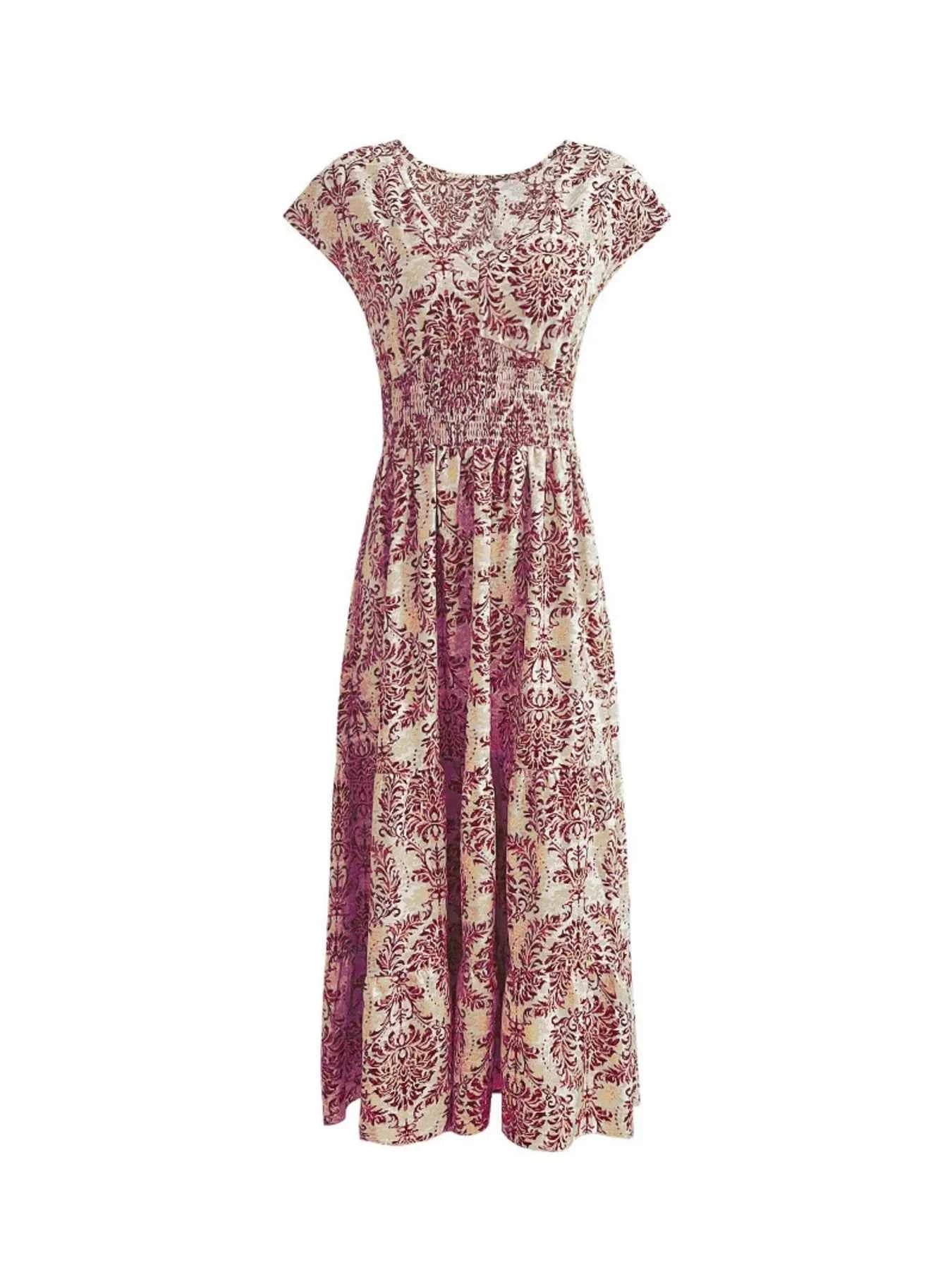Printed V-Neck Cap Sleeve Maxi Dress