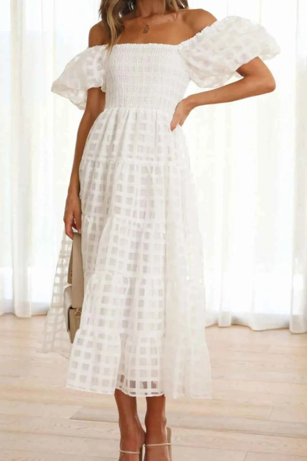 Off Shoulder Short Puff Sleeve Midi Dress