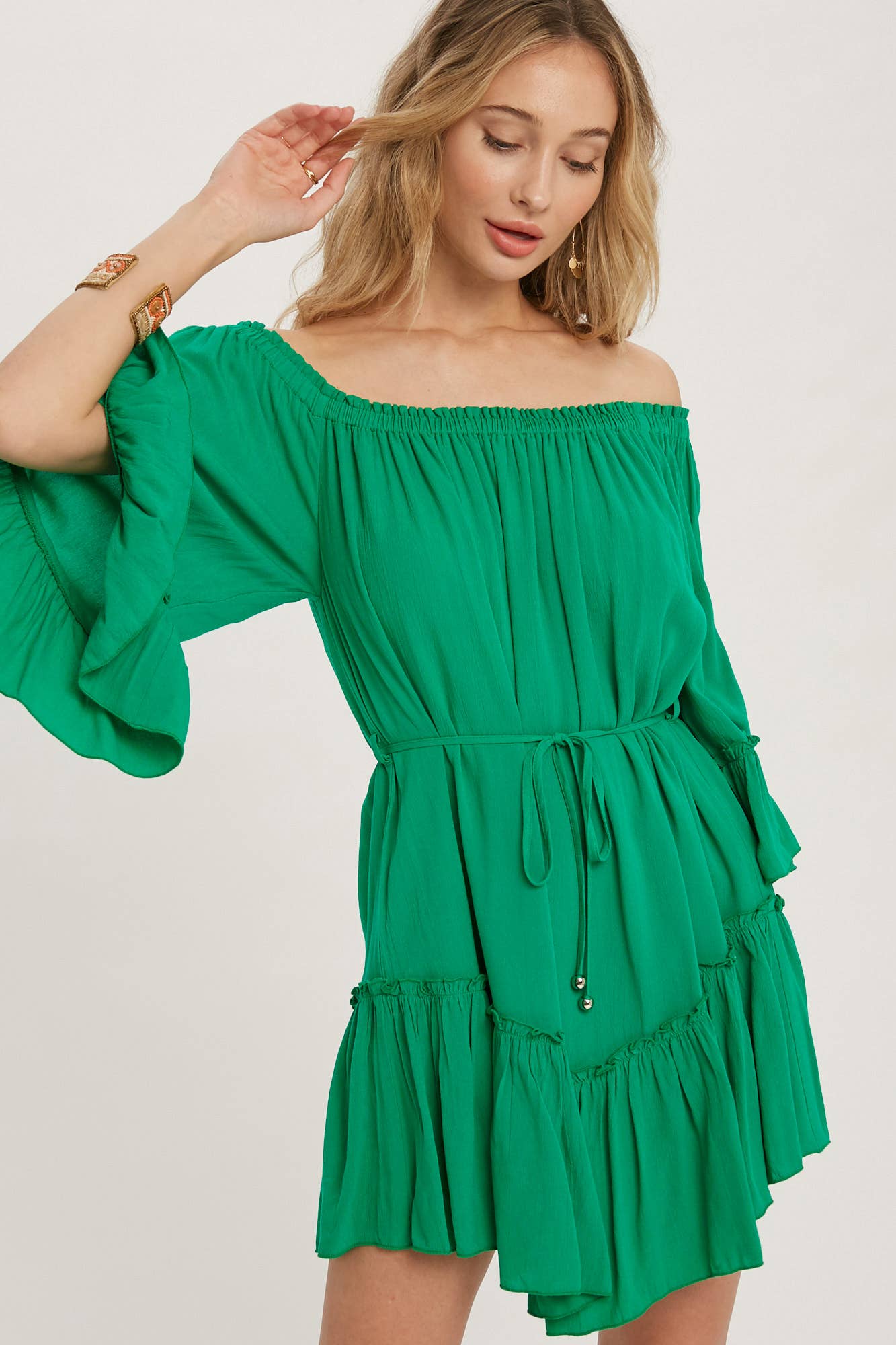 RUFFLED SOLID BOHO DRESS