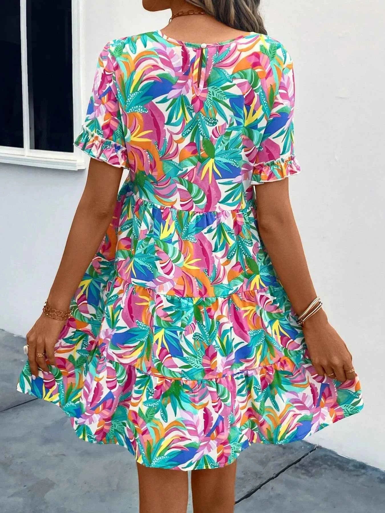 Printed Round Neck Short Sleeve Dress