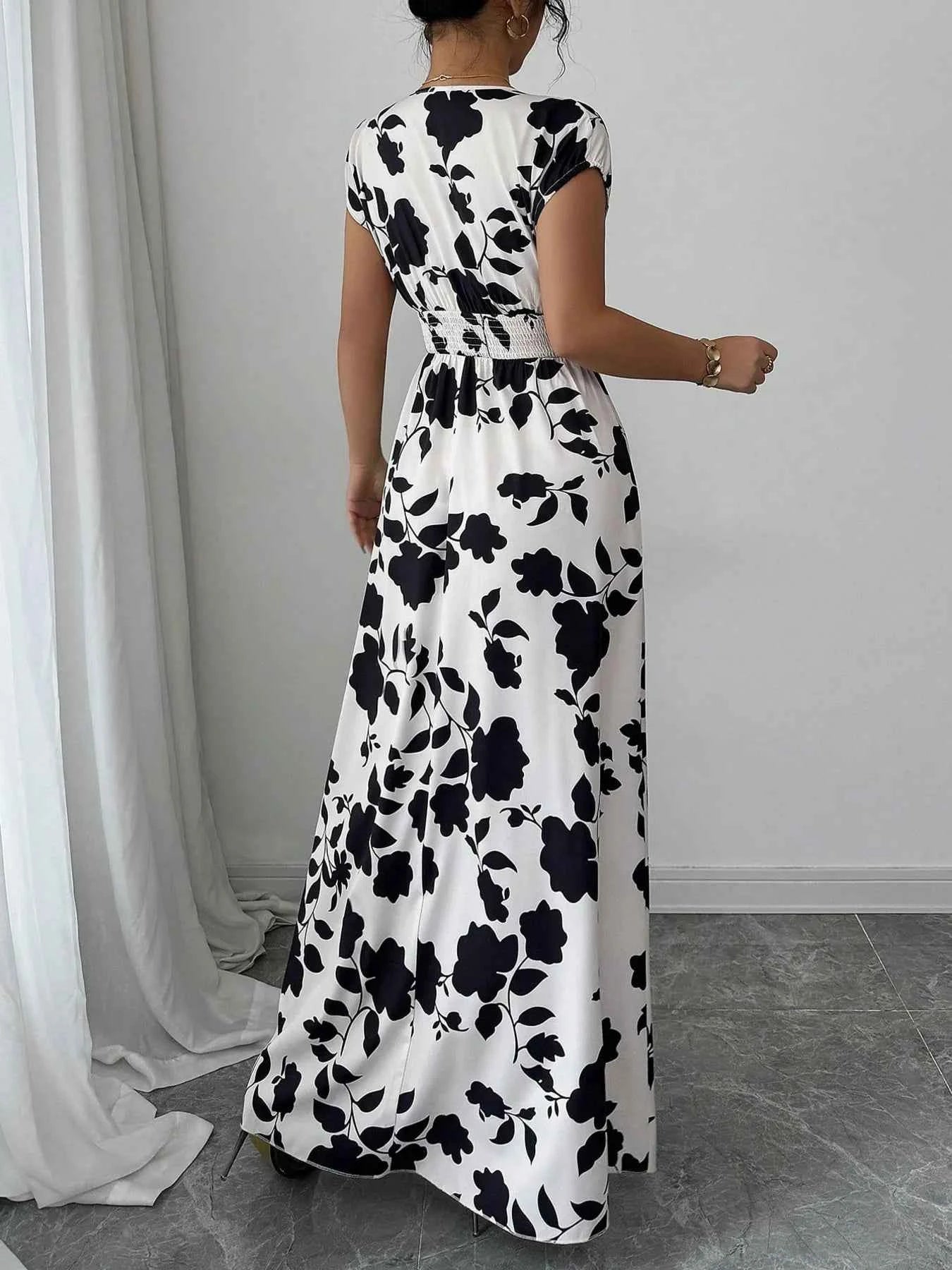 Printed Surplice Cap Sleeve Maxi Dress