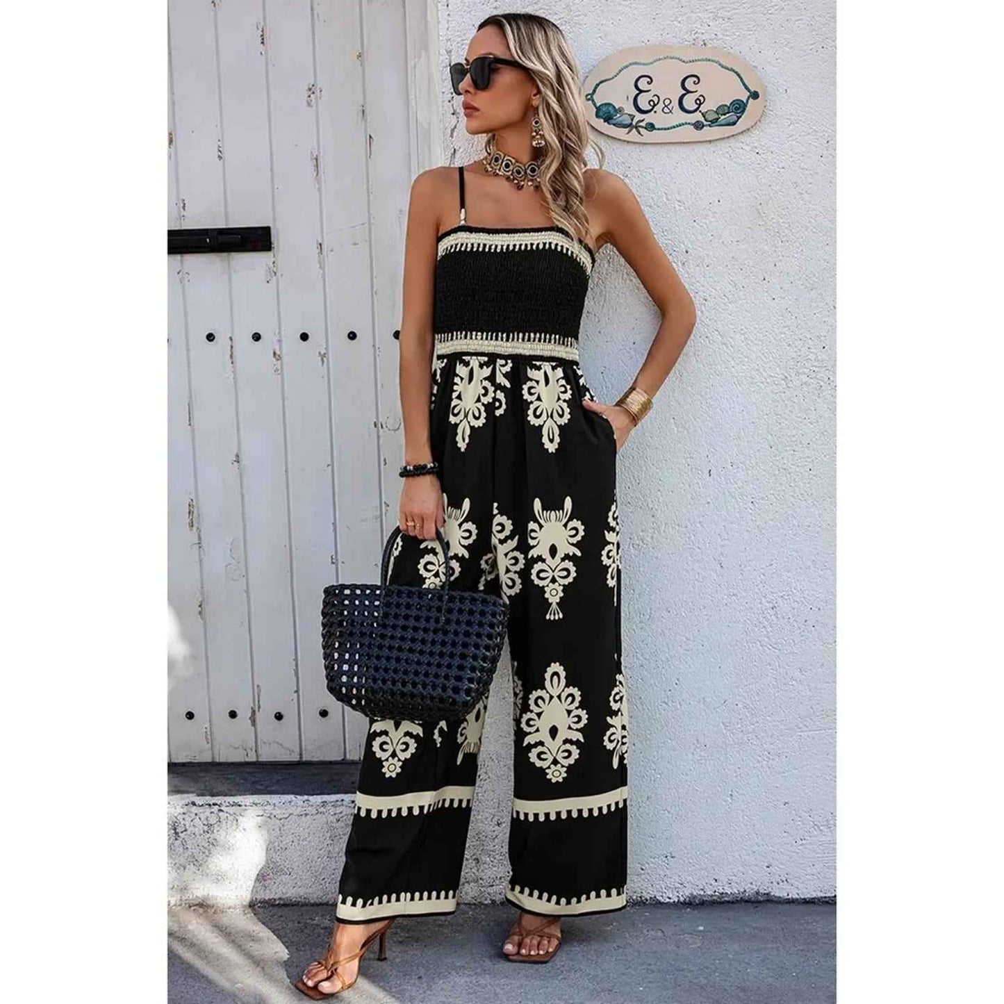 Blue Boho Off Shoulder Ruched Printed High Waist Wide Leg Jumpsuit