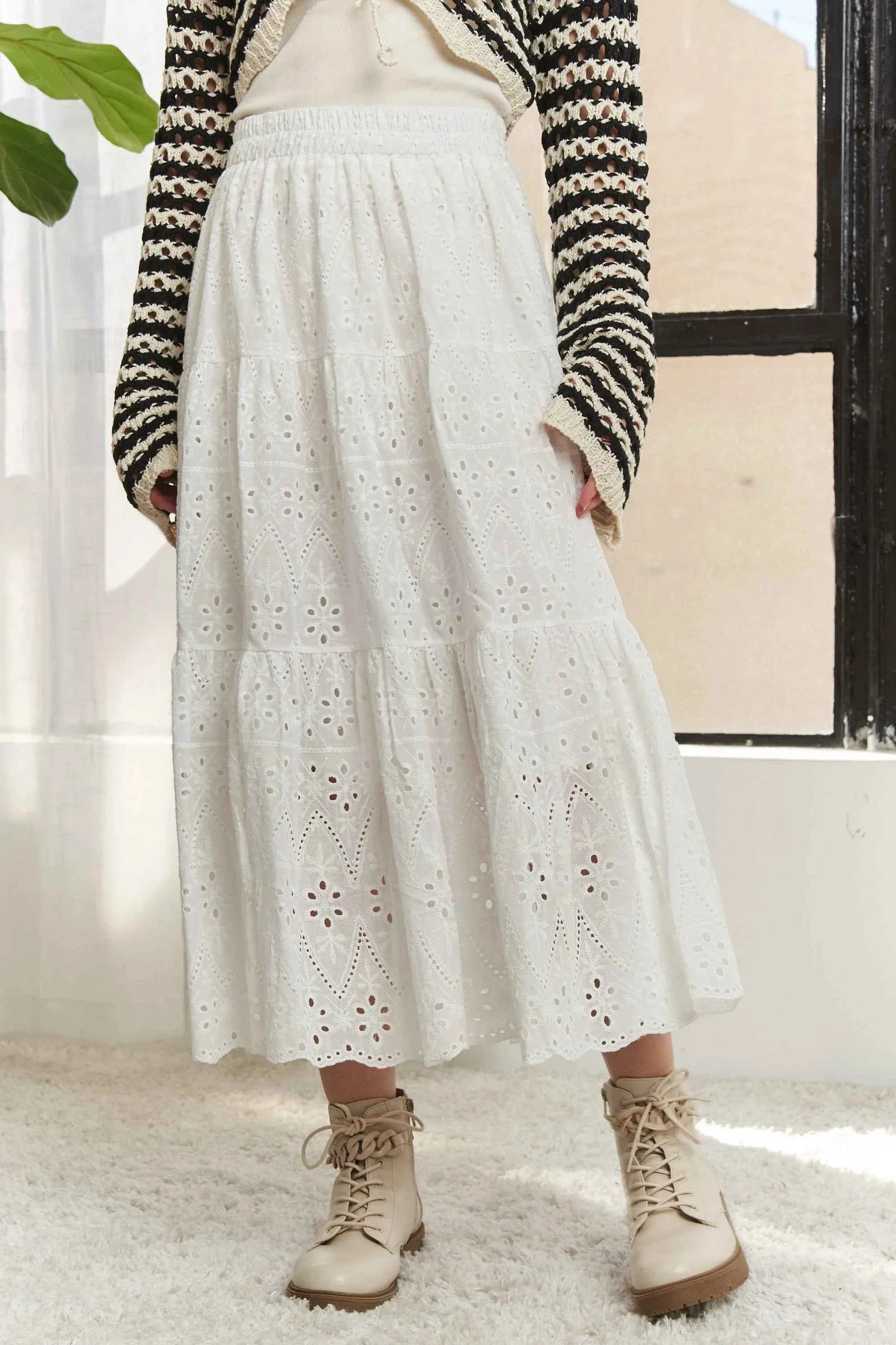 ADORA Elastic Waistband Tiered Midi Skirt