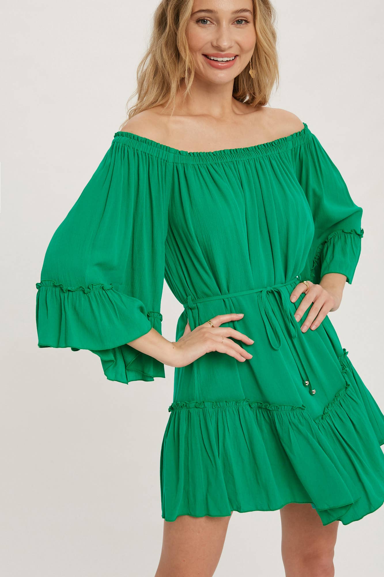 RUFFLED SOLID BOHO DRESS