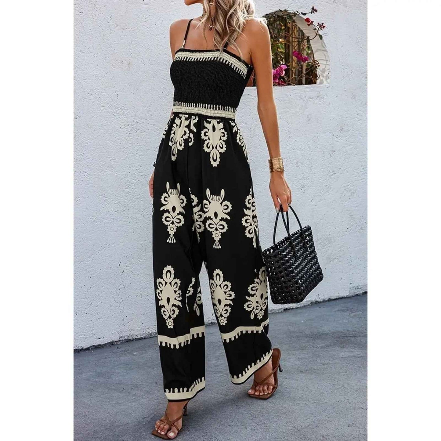 Blue Boho Off Shoulder Ruched Printed High Waist Wide Leg Jumpsuit