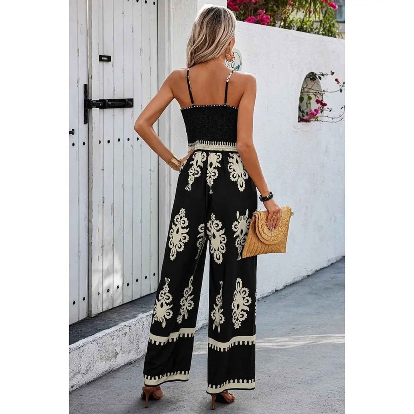 Boho Off Shoulder Ruched Printed High Waist Wide Leg Jumpsuit