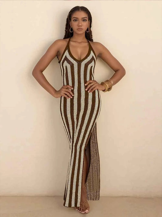Slit Striped Halter Neck Dress