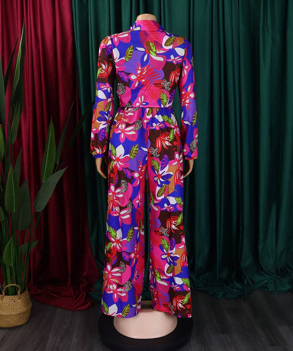 Vibrant Printed Two-Piece Lapel Lace-Up Shirt Wide-Leg Pant Suit