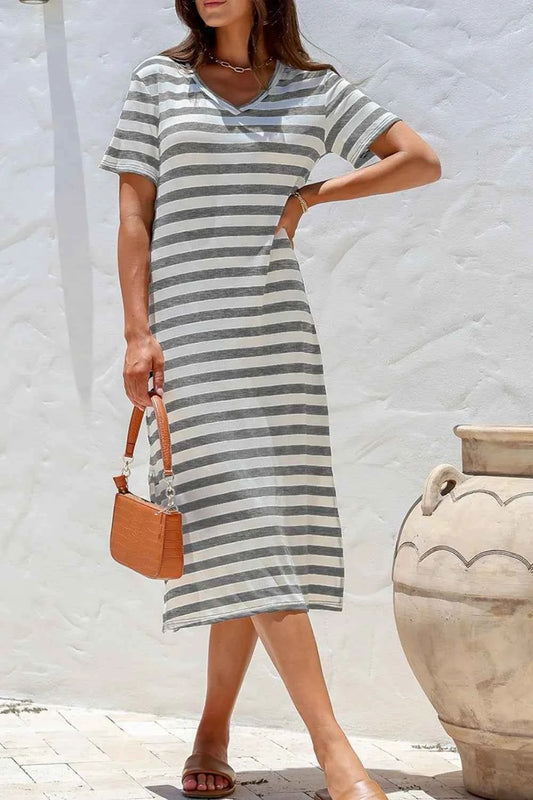 Casual Striped V-Neck Midi T-Shirt Dress