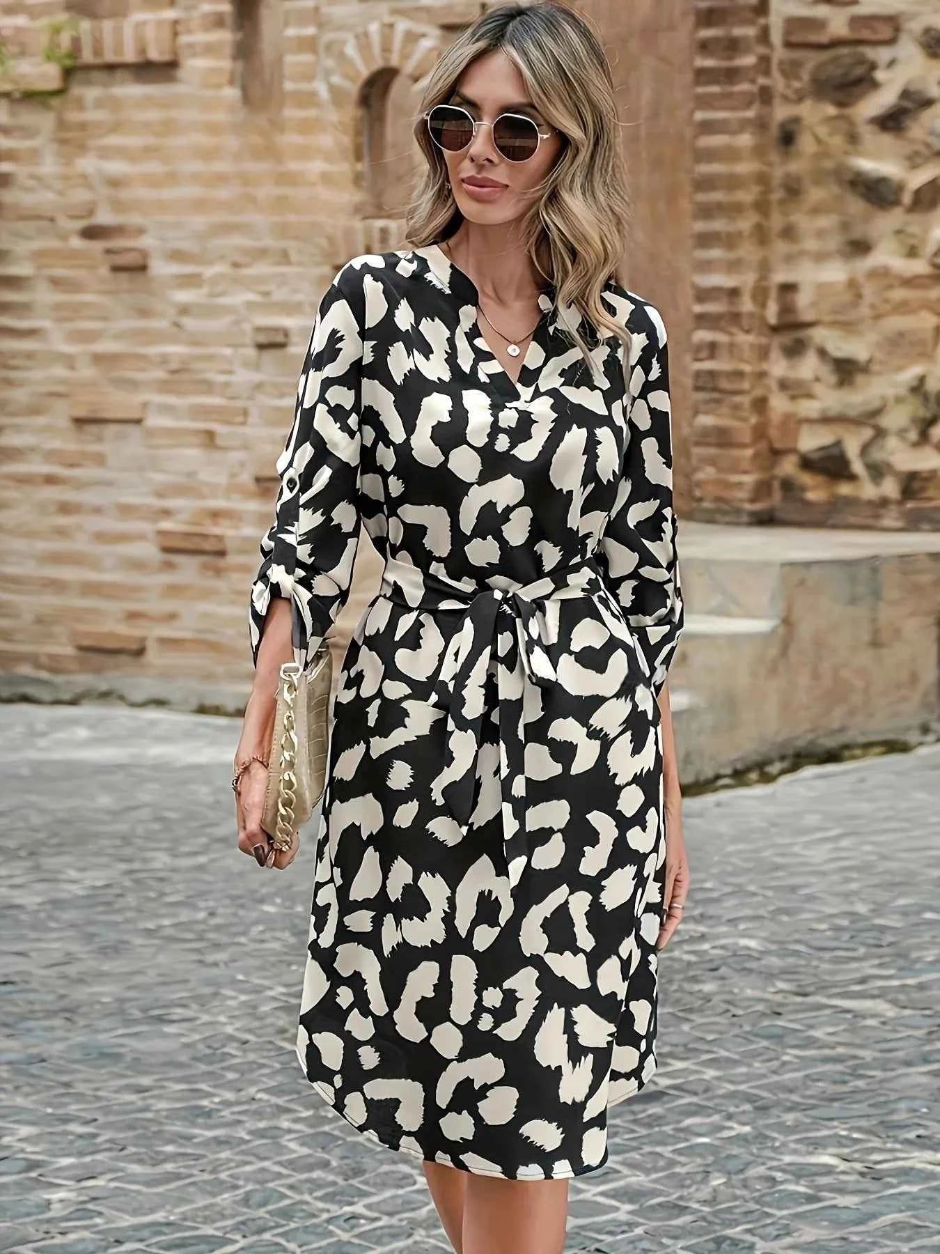 Printed Notched Midi Dress