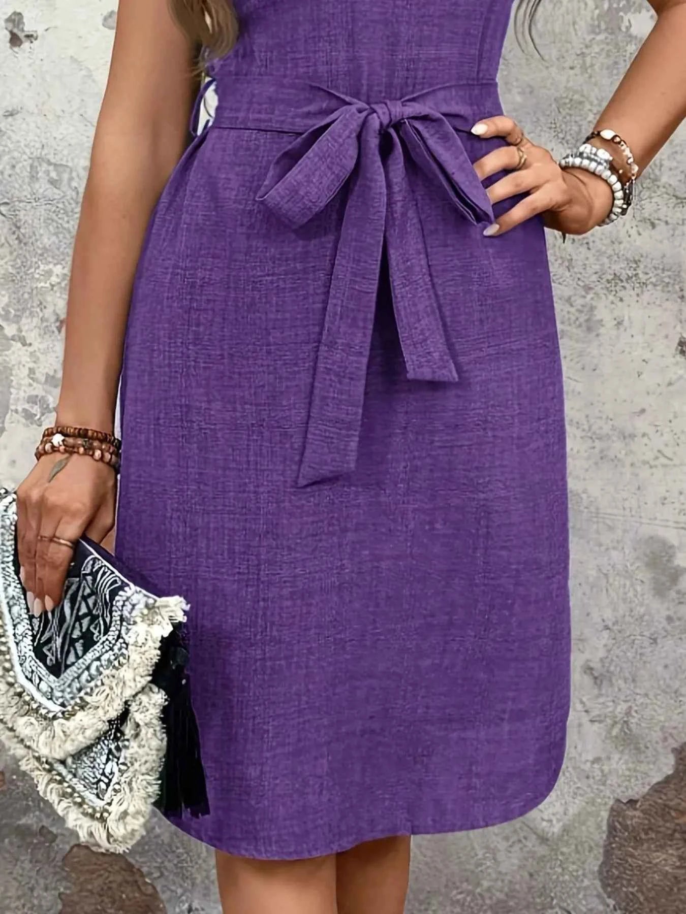 Textured Notched Tie-Waist Dress
