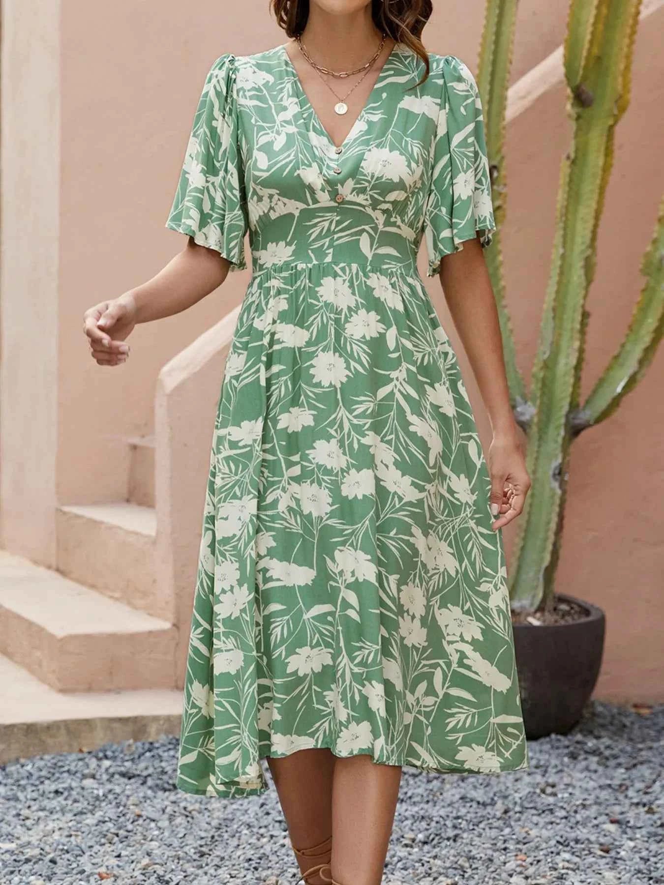 Printed V-Neck Flutter Sleeve Midi Dress
