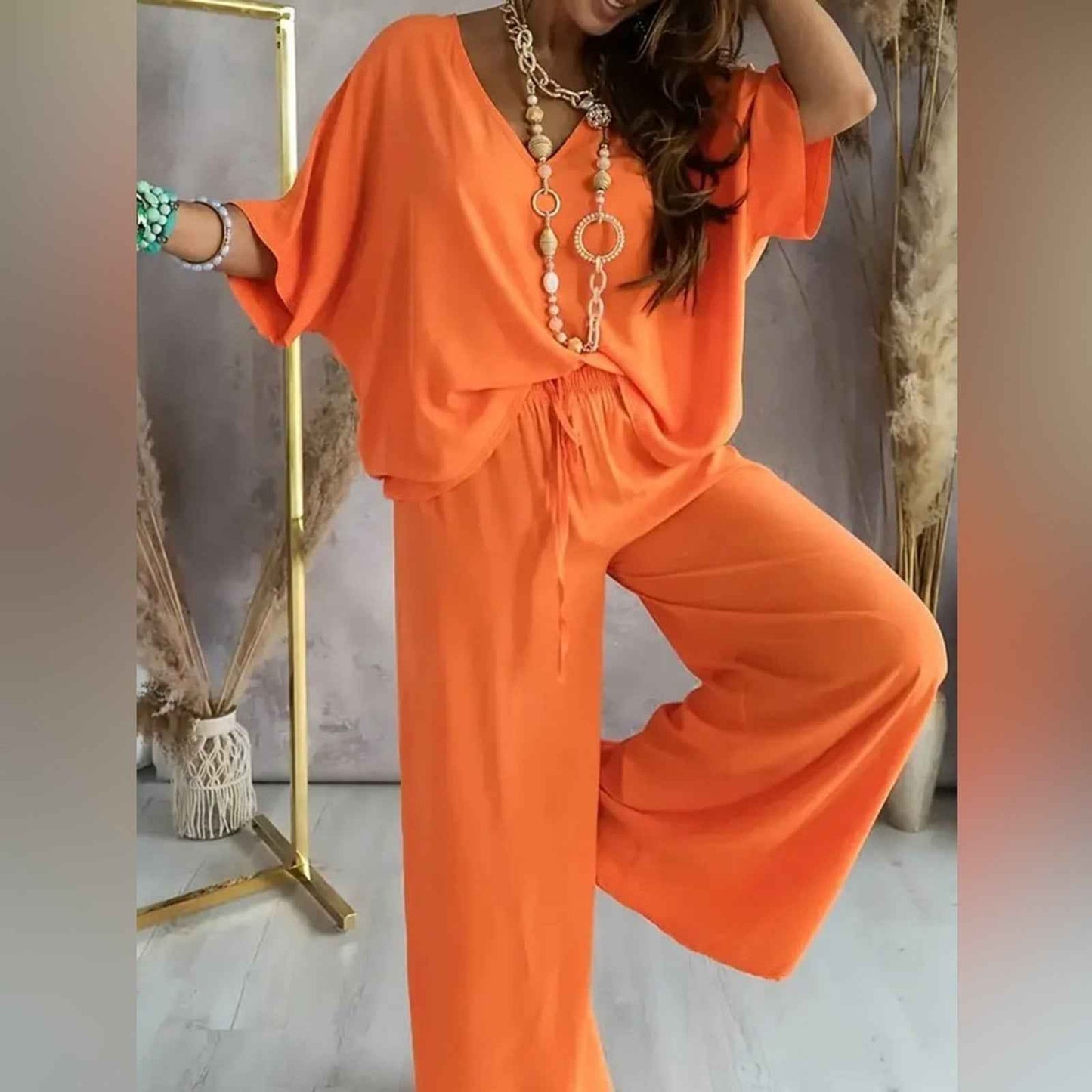 Chic White Lounge Set – Flowy V-Neck Top & Wide-Leg Pants for All White Party