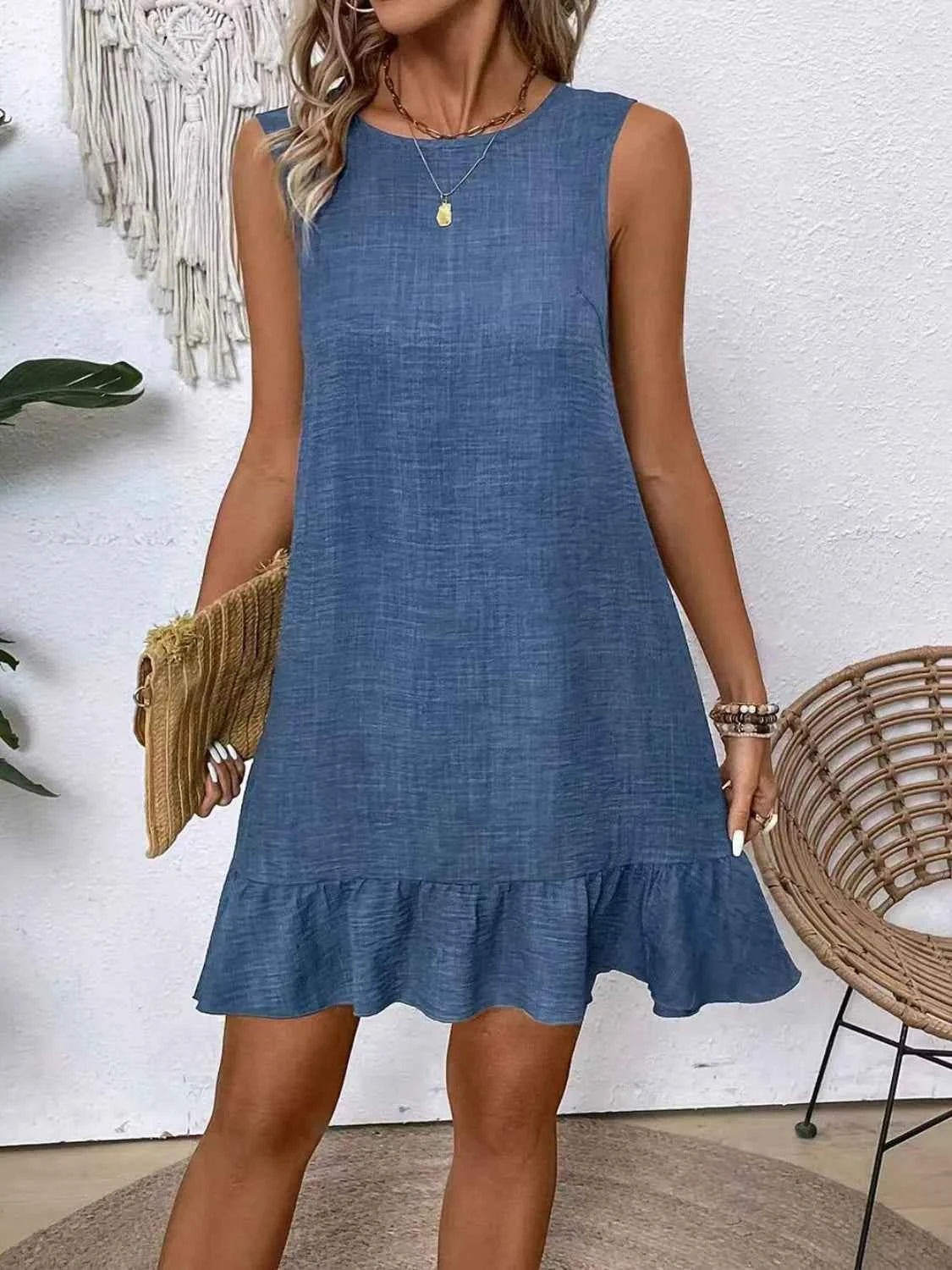 Ruffled Hem Round Neck Sleeveless Dress