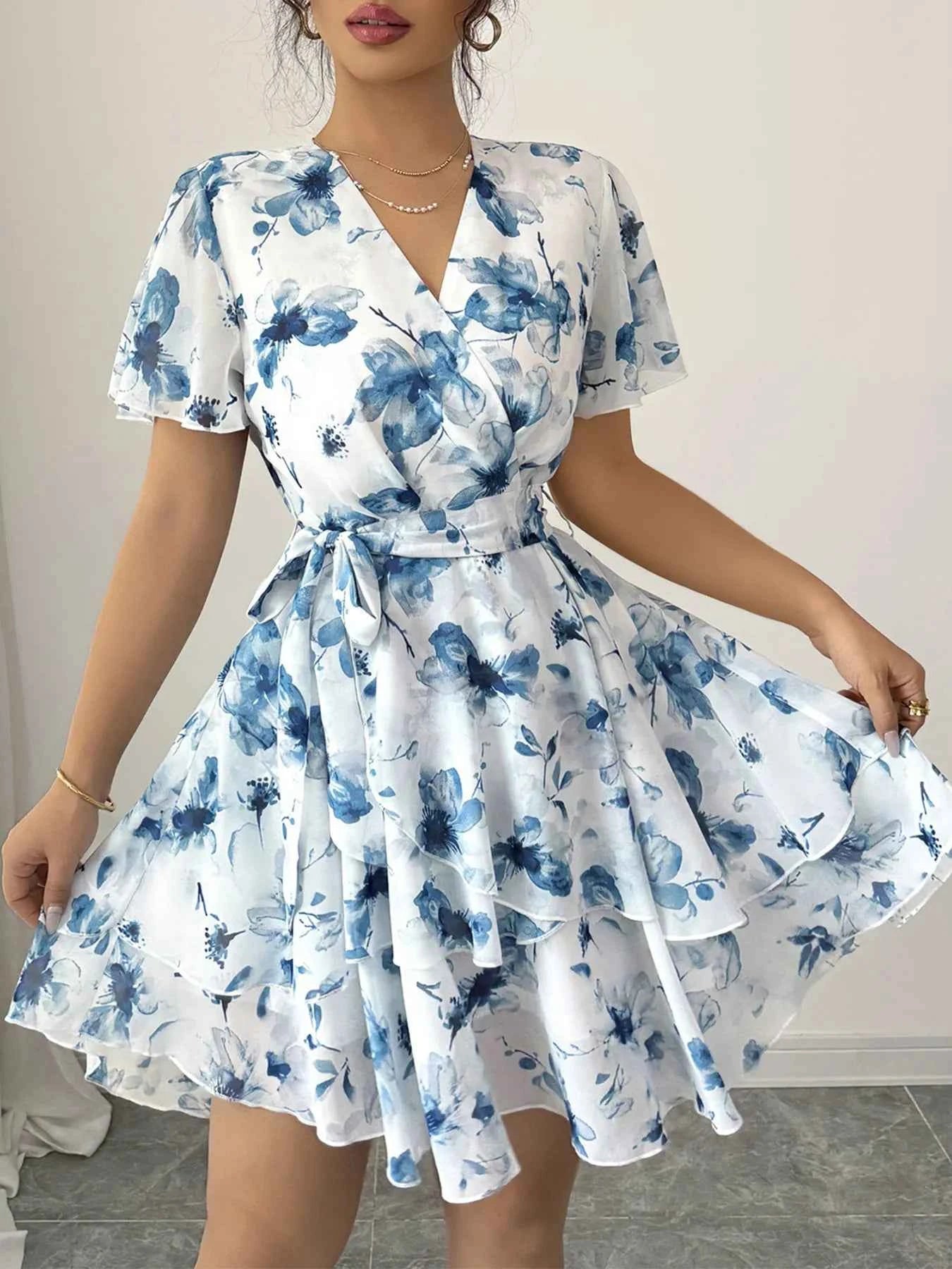 Printed Surplice Layered Mini Dress