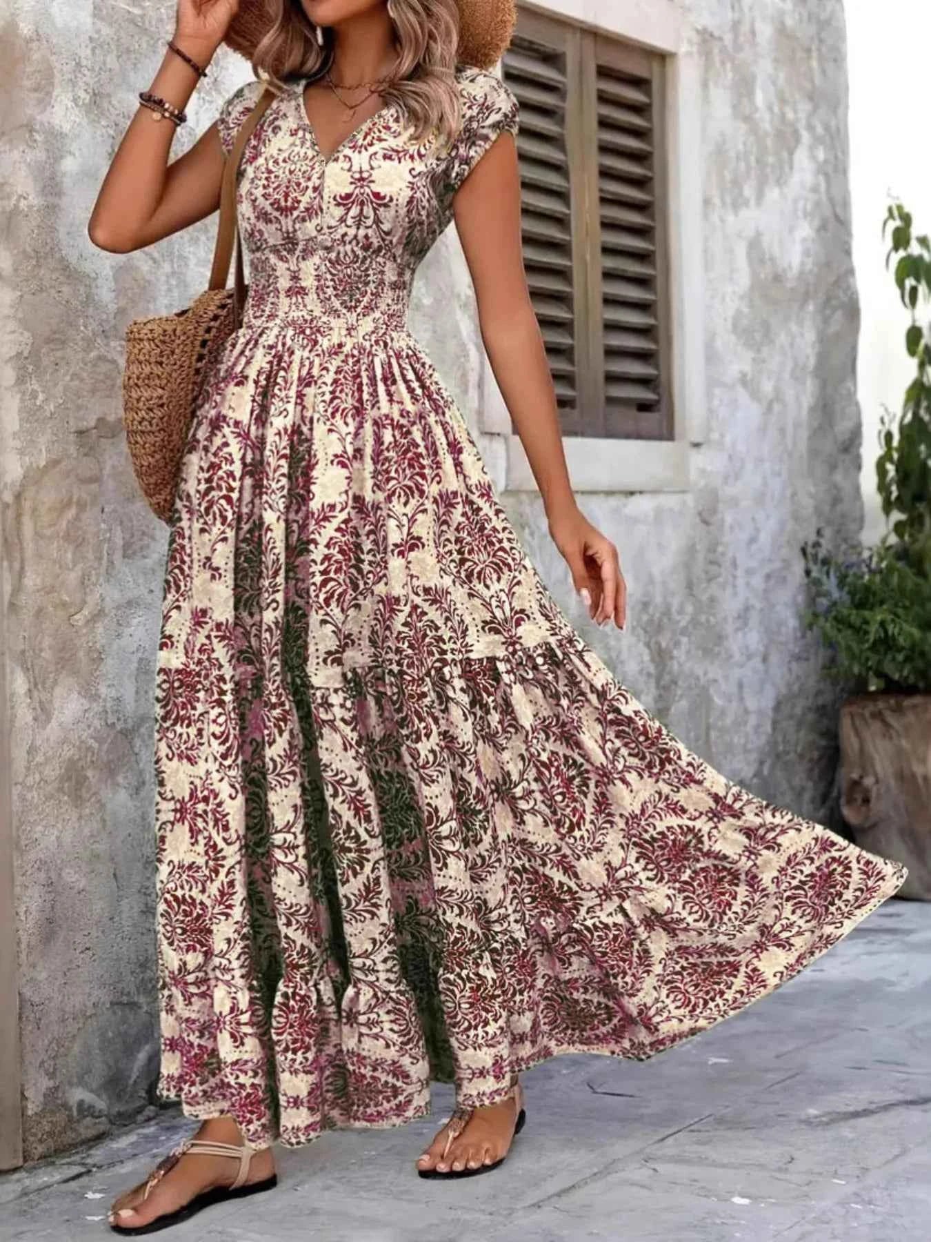 Printed V-Neck Cap Sleeve Maxi Dress