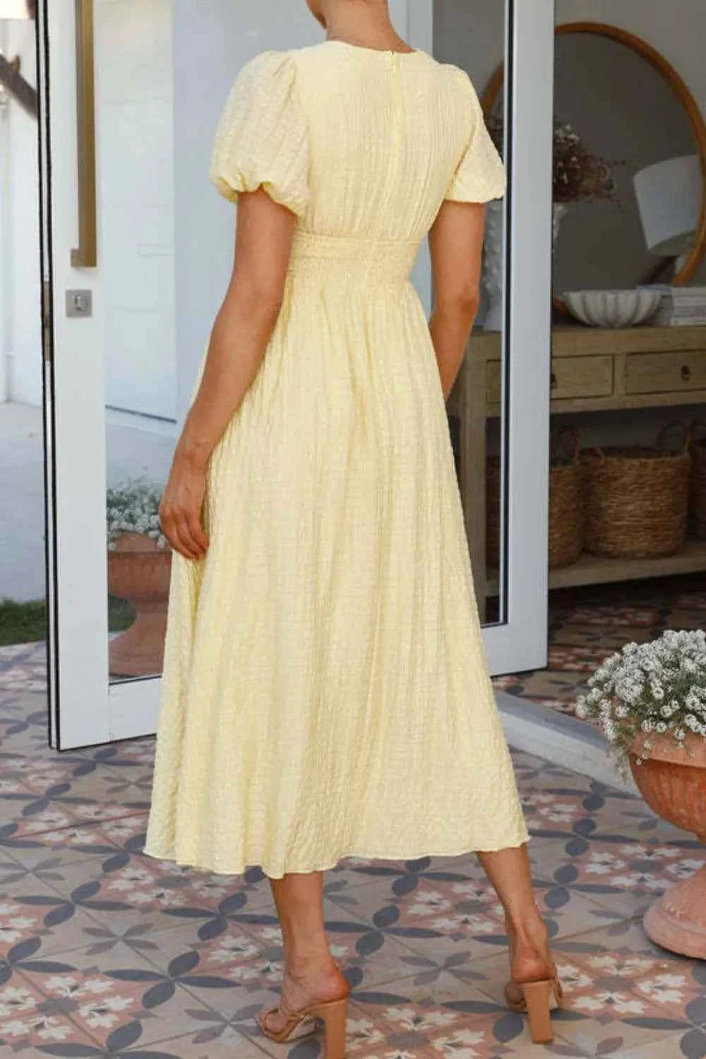 V-Neck Puff Short Sleeve Midi Dress