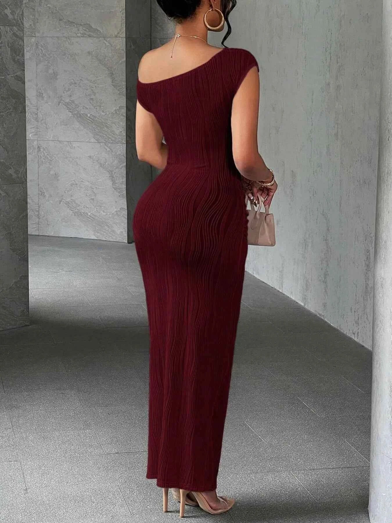 Textured Single Shoulder Bodycon Maxi Dress