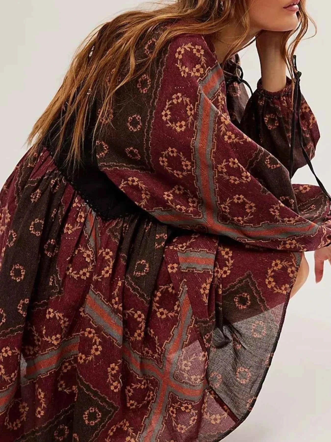 Printed Tie Neck Long Sleeve Dress