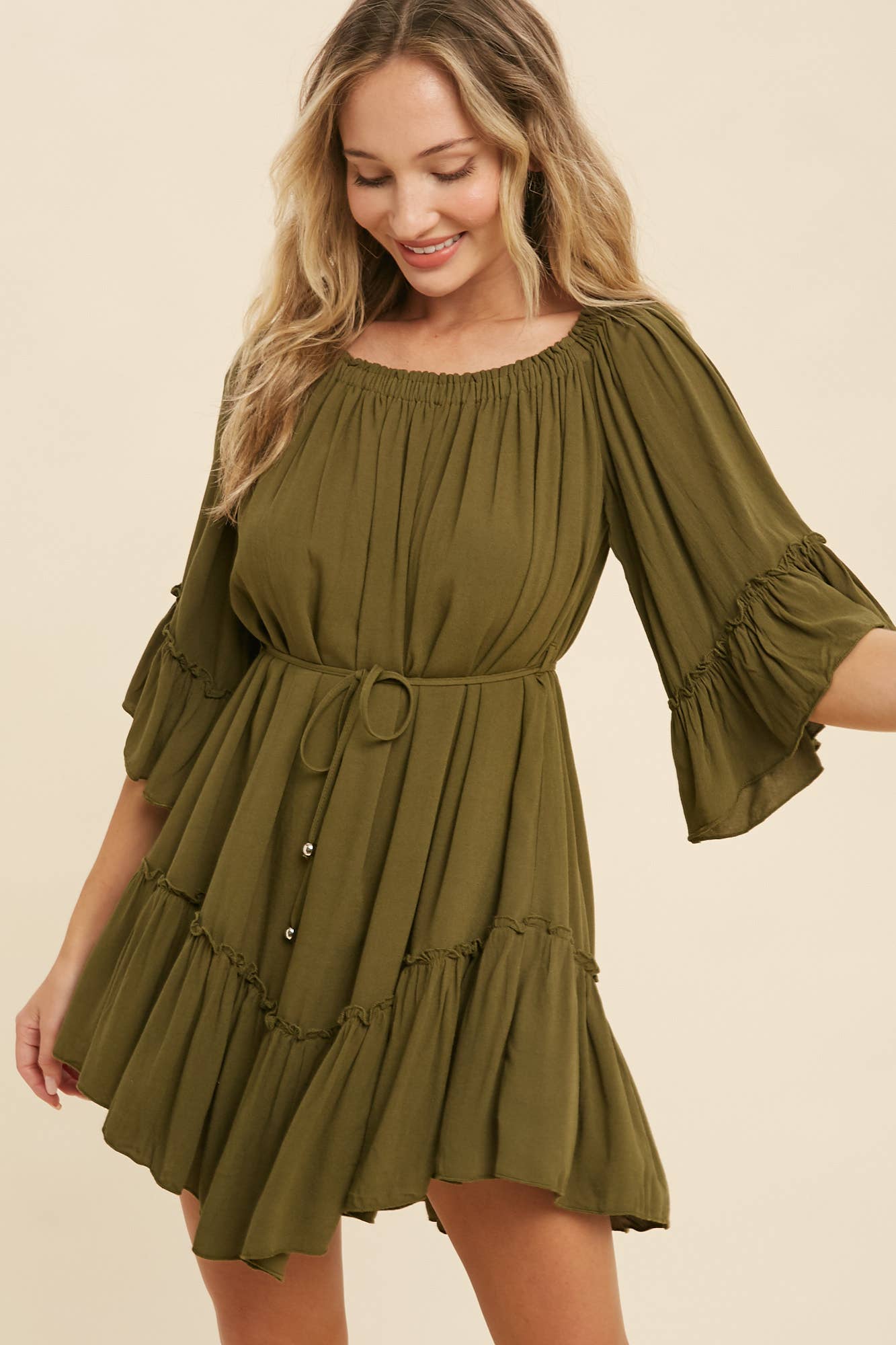 RUFFLED SOLID BOHO DRESS