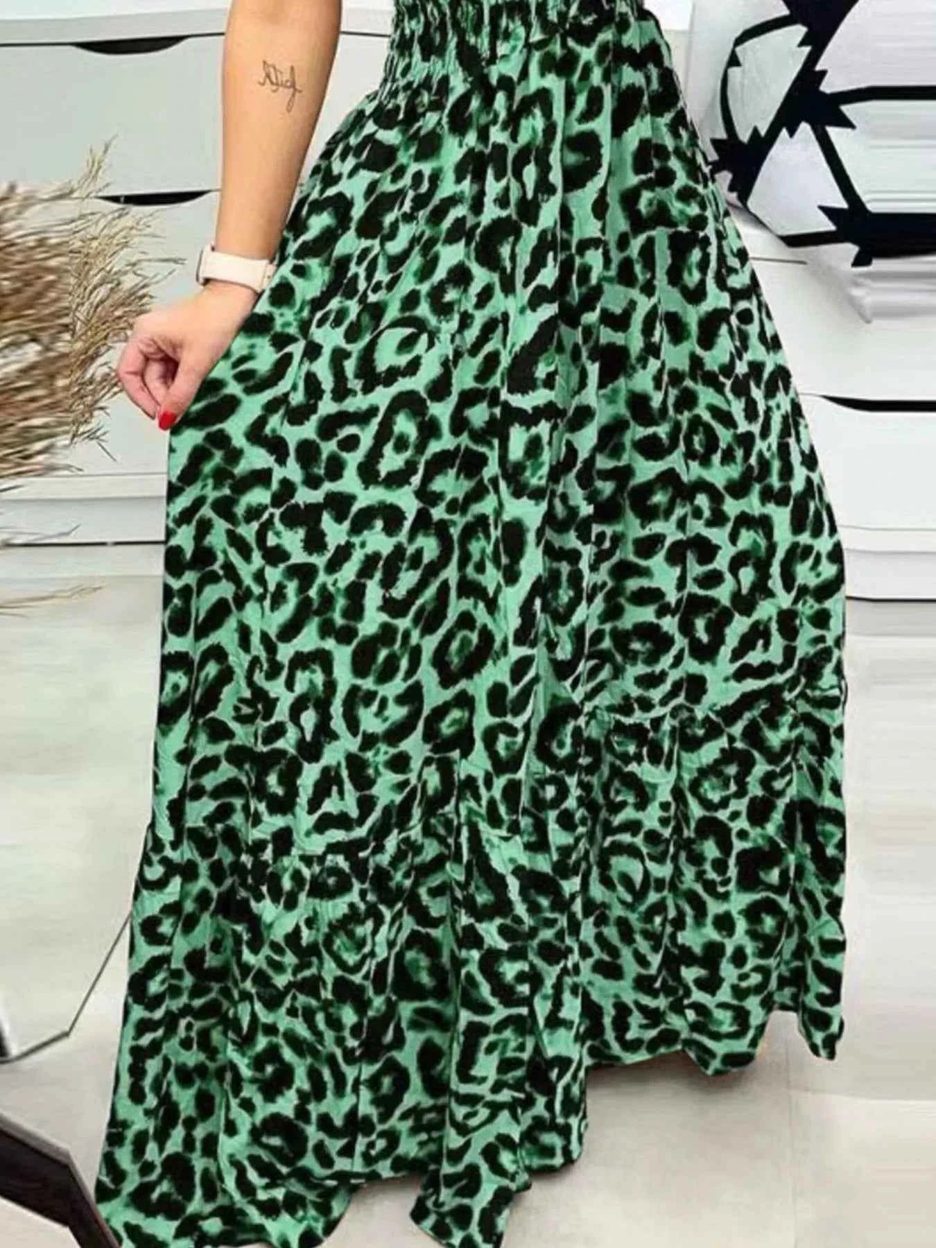 Full Size Leopard Print Spaghetti Strap Maxi Dress Plus Size