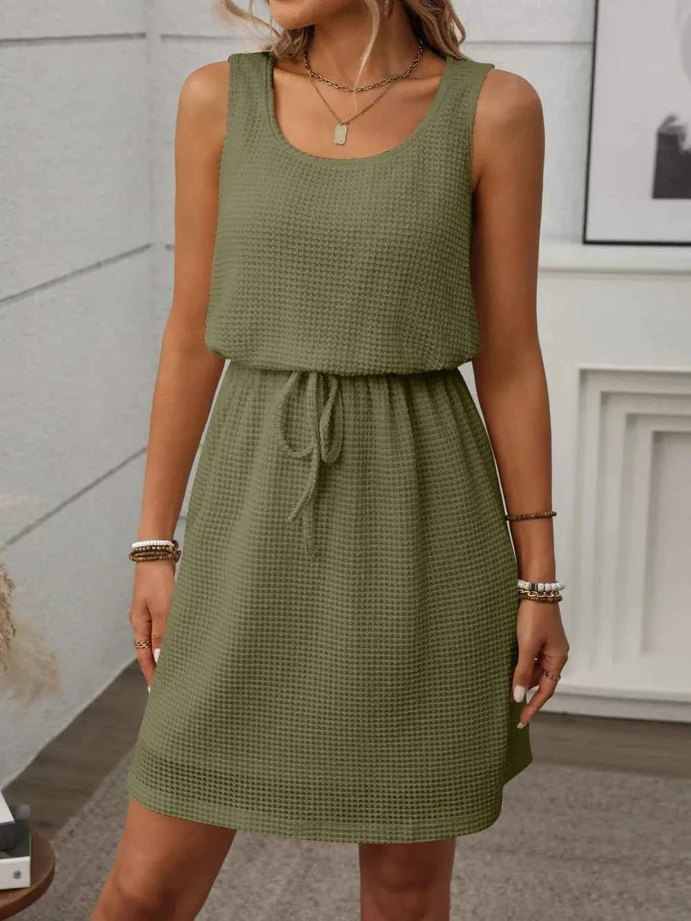 Waffle-Knit Drawstring Mini Tank Dress