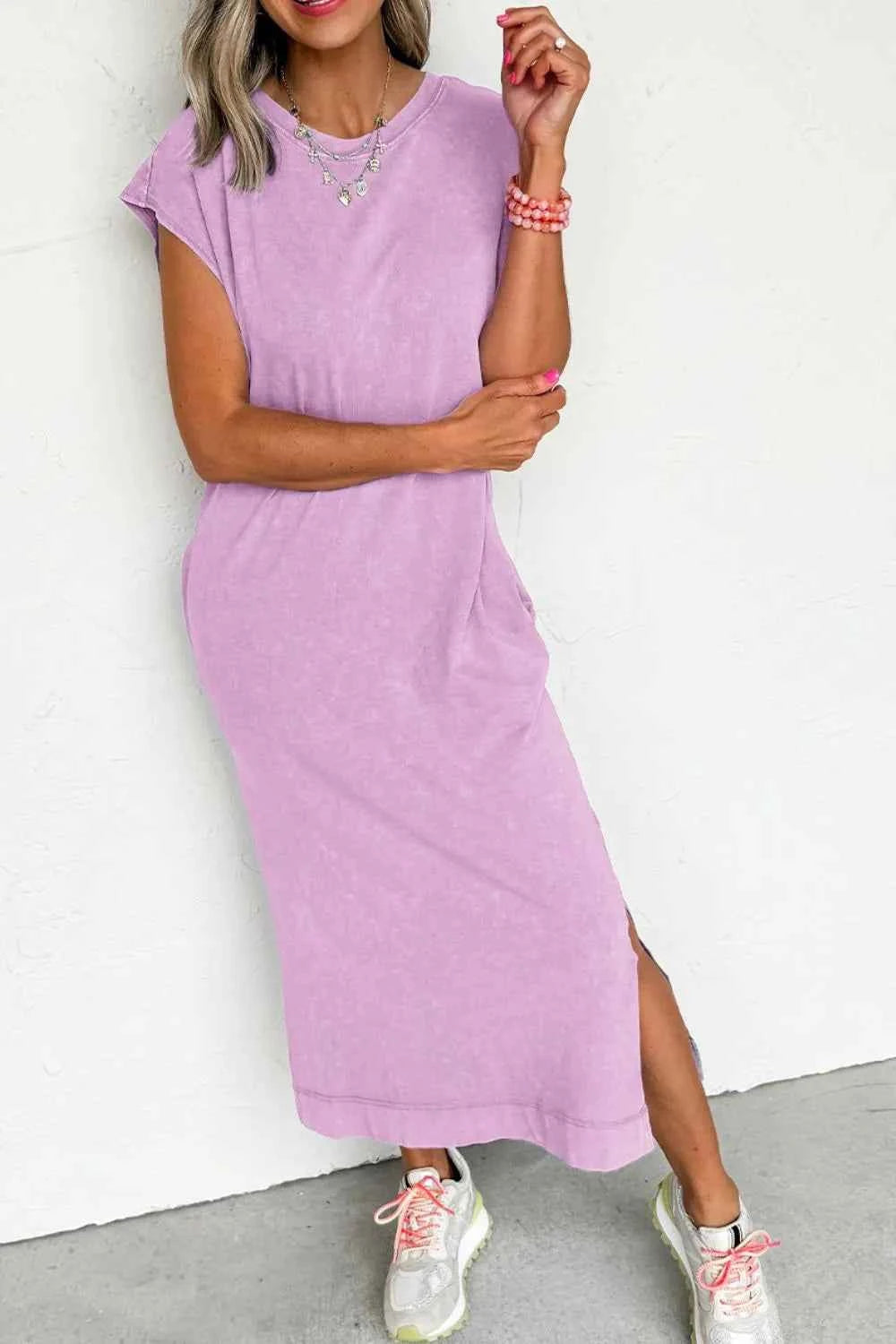 Side Split Round Neck Cap Sleeve T-Shirt Dress